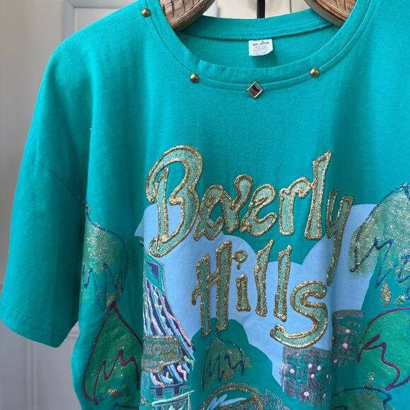 Vintage Beverly Hills Rodeo Dr OSFM Glitter Bling Maximalist Teal Tshirt - Picture 1 of 12
